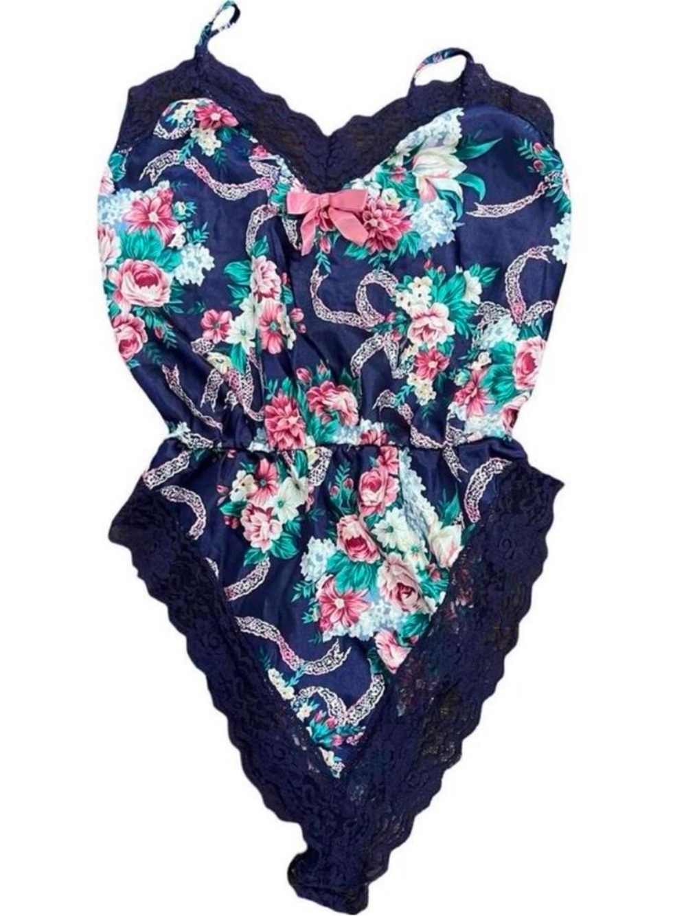 Vintage‎ Navy blue and multi-coloured floral lace playsuit Size Medium